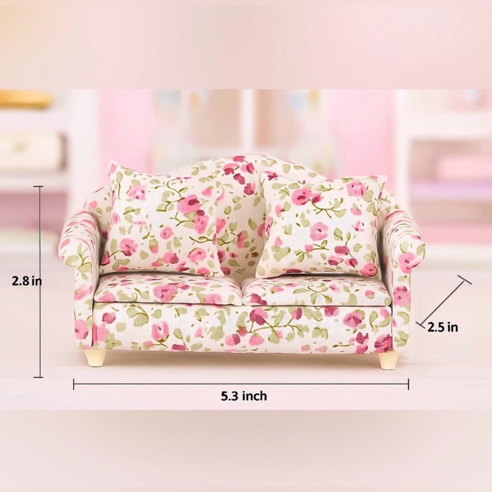 Dollhouse Floral Pattern Mini Sofa Couch w Pillows 1:12 Dollhouse Furniture. NEW - Picture 3 of 4